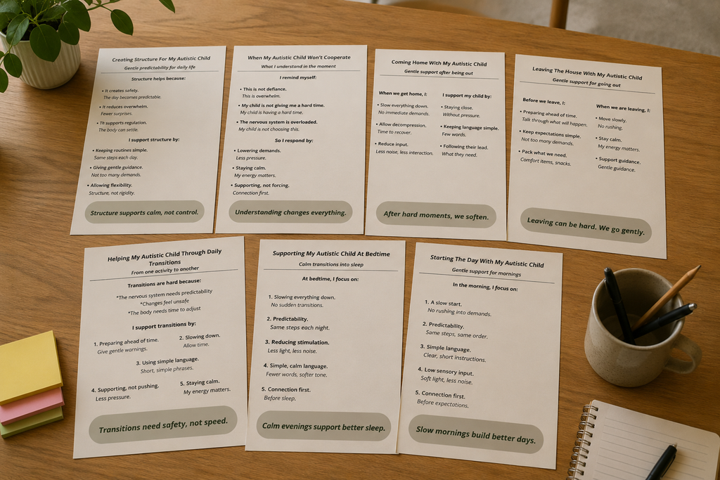 Calm Daily Life Toolkit for Parents of Autistic Children | 7 Printable Support Guides | Autism Parenting Printable Bundle