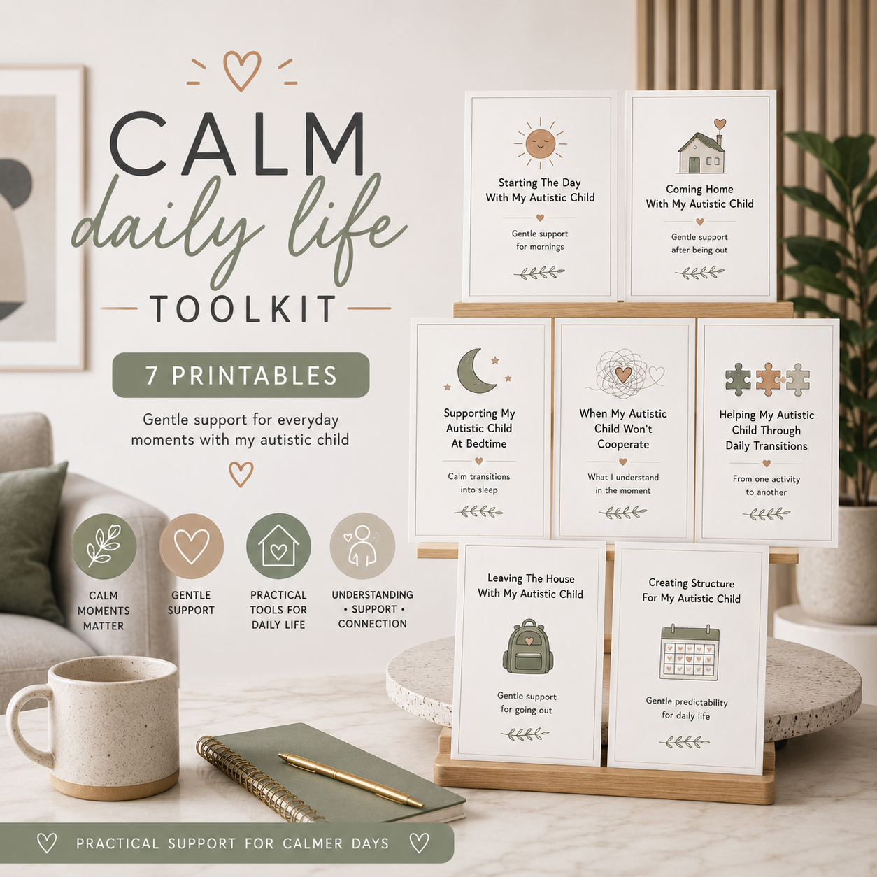 Calm Daily Life Toolkit for Parents of Autistic Children | 7 Printable Support Guides | Autism Parenting Printable Bundle