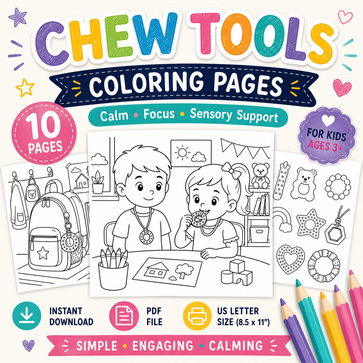 Chew Tools Coloring Pages | Sensory-Friendly Coloring Book for Kids Ages 3+ | Autism & Oral Sensory Support Printable | 10 Page Digital Download