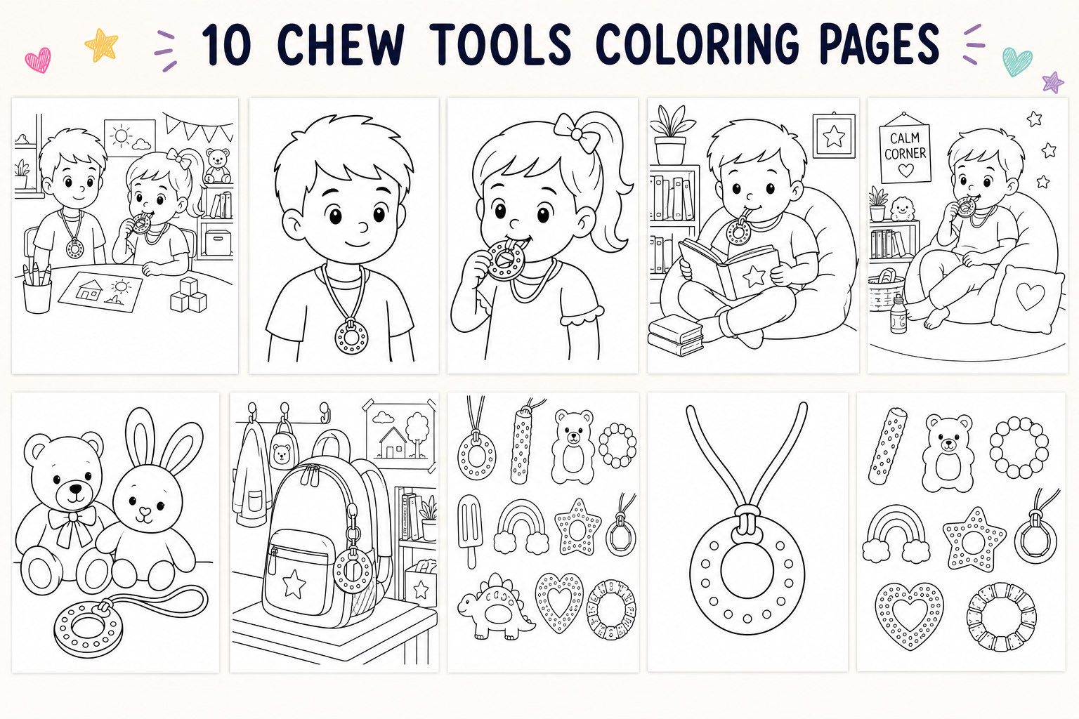 Chew Tools Coloring Pages | Sensory-Friendly Coloring Book for Kids Ages 3+ | Autism & Oral Sensory Support Printable | 10 Page Digital Download