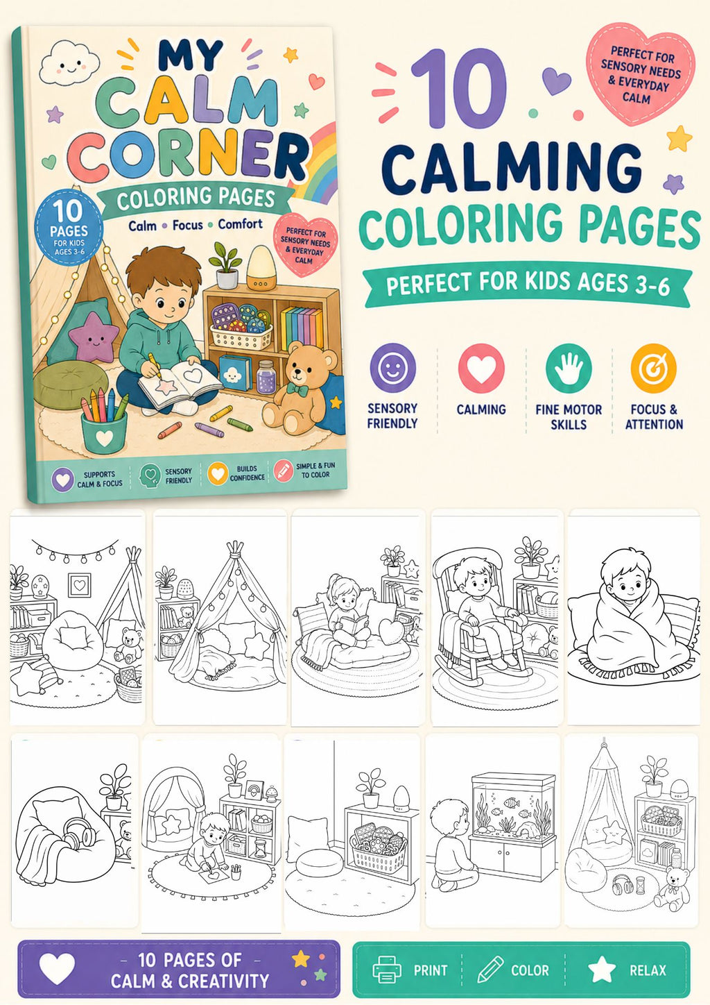 My Calm Corner Coloring Pages | Sensory-Friendly Coloring Book for Kids Ages 3–6