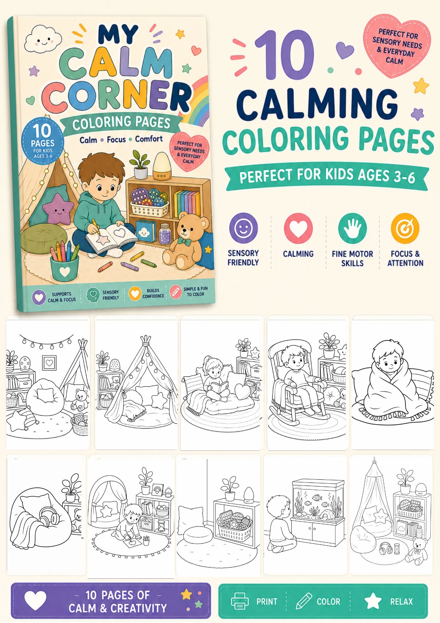 My Calm Corner Coloring Pages | Sensory-Friendly Coloring Book for Kids Ages 3–6