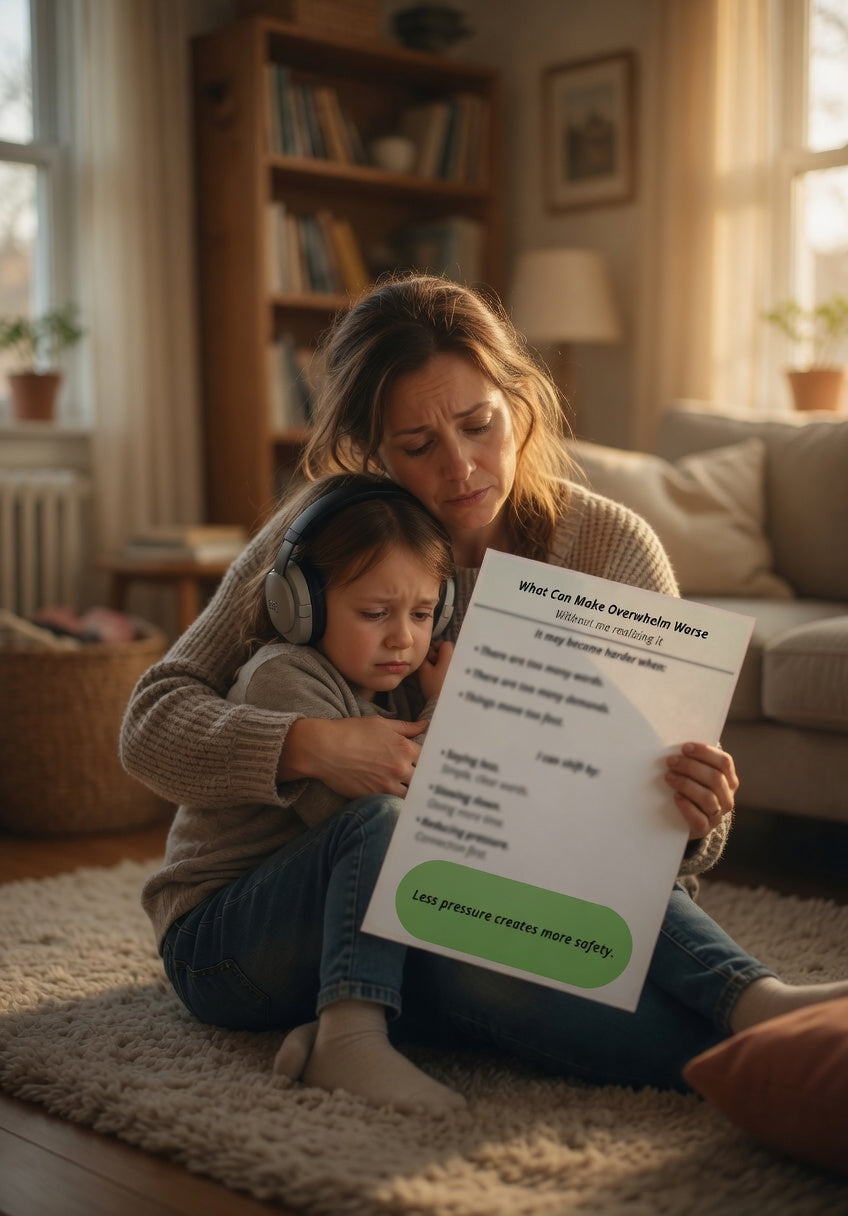 What Can Make Overwhelm Worse Printable | Autism Sensory Support Guide | Calm Parenting & Co-Regulation PDF | Neurodivergent Parenting Tool