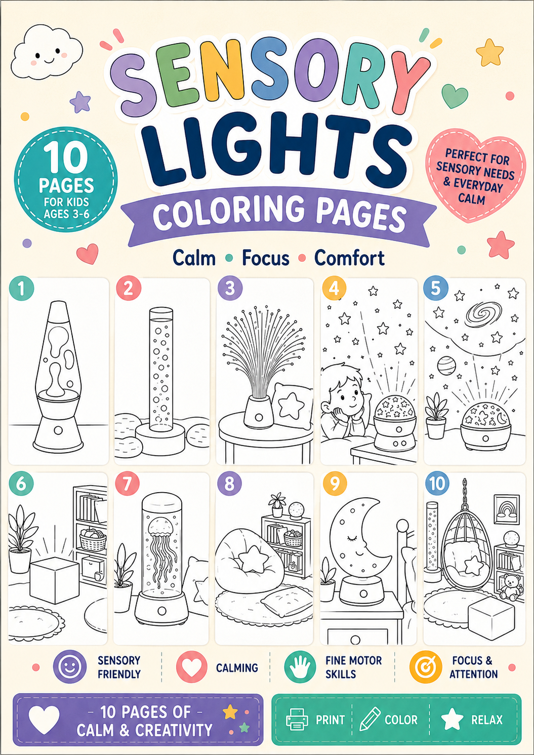 Visual Calming Lights Coloring Pages | 10 Printable Sensory Coloring Sheets for Kids | Autism Calm Corner Activity PDF