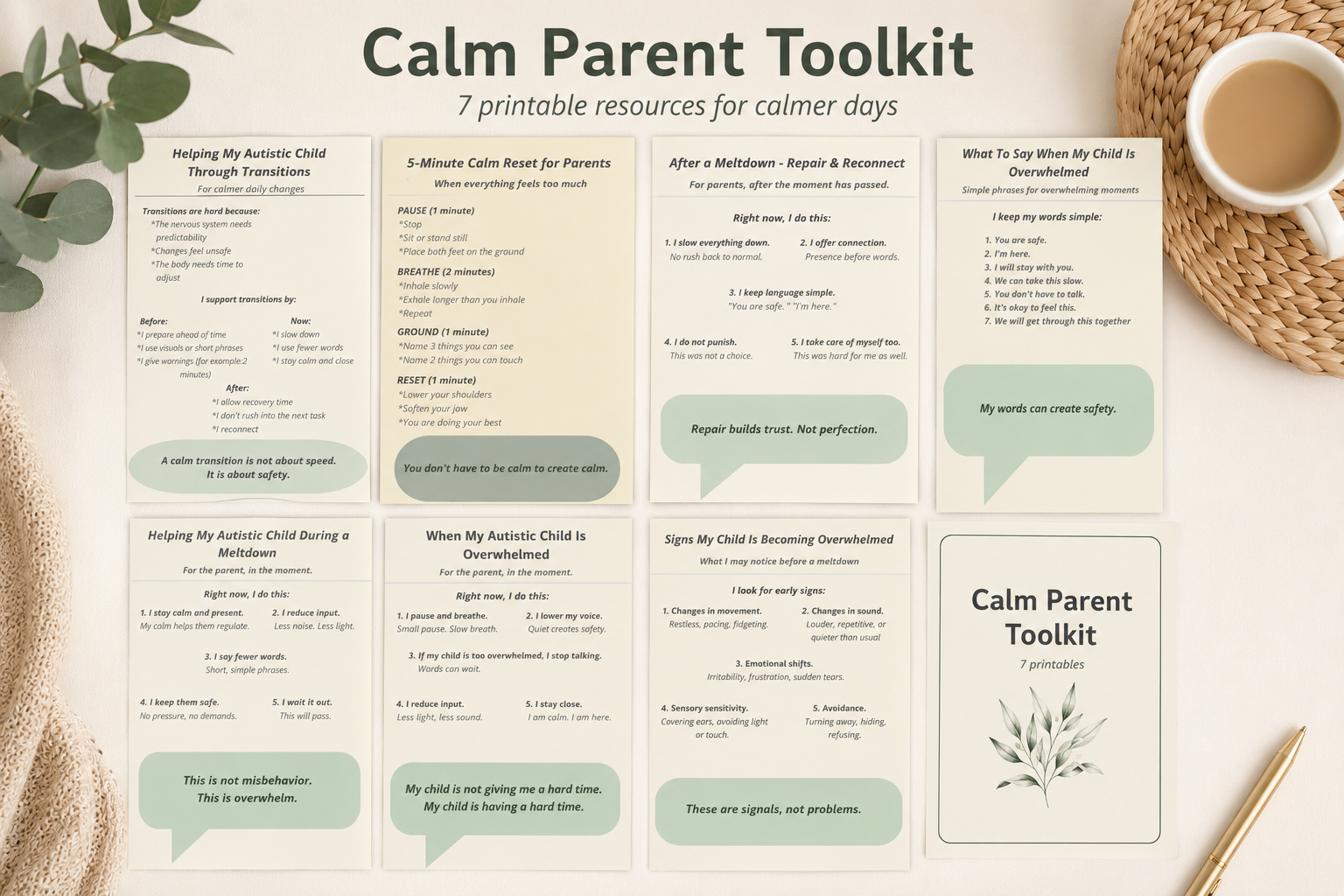 Calm Parent Toolkit – 7 Printable Autism Support Guides for Parents