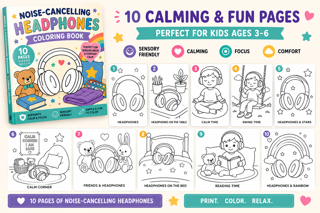 Noise-Cancelling Headphones Coloring Book | Sensory-Friendly Coloring Pages for Kids Ages 3–6 | Autism & Calm Corner Printable | 10 Page Digital Download